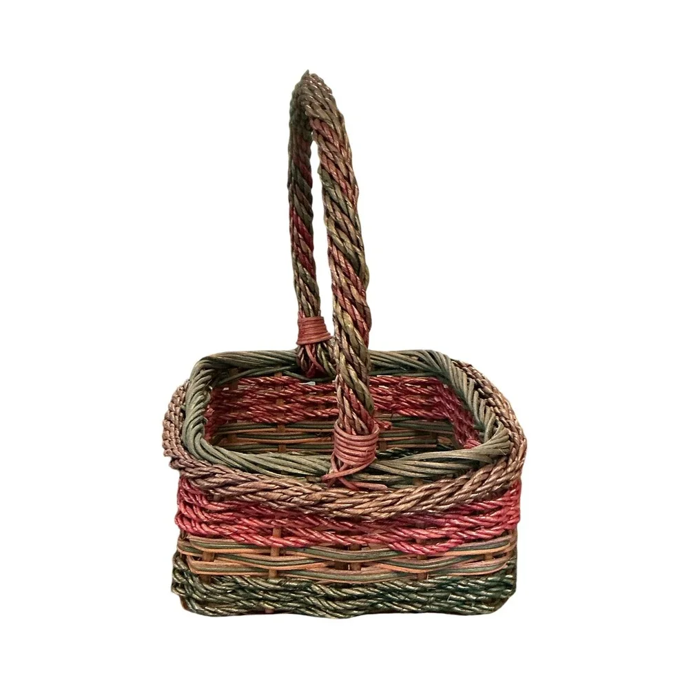 Vintage Woven Wicker Basket Square Multi Color Green Pink Brown 15x11x11